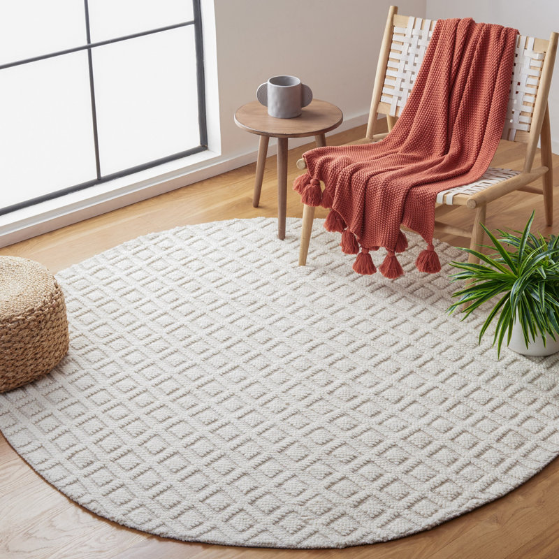 Tapis en laine / coton touffeté à la main à motif géométrique Bareen, Rond 8 pi