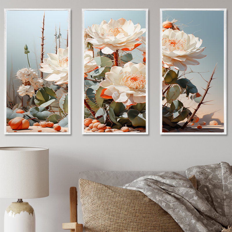 Cactus perle piquante - ensemble d'art mural floral cactus, Cadre flottant blanc, H 32 po x l 48 po x P 1 po