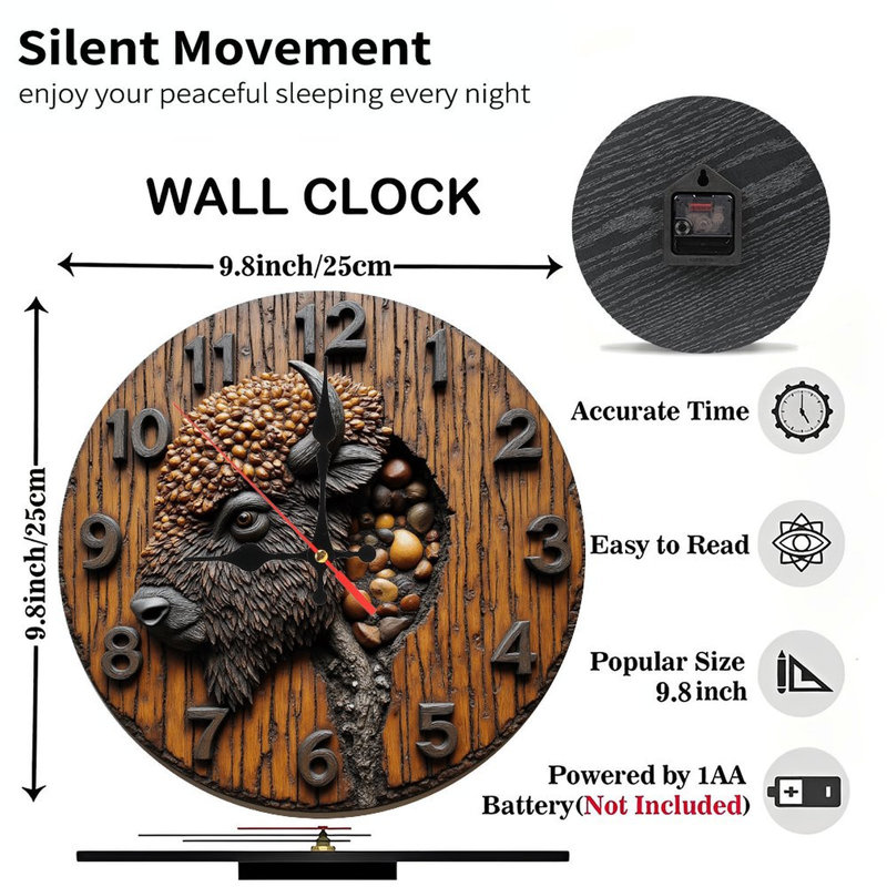 Horloge murale bison en bois rustique