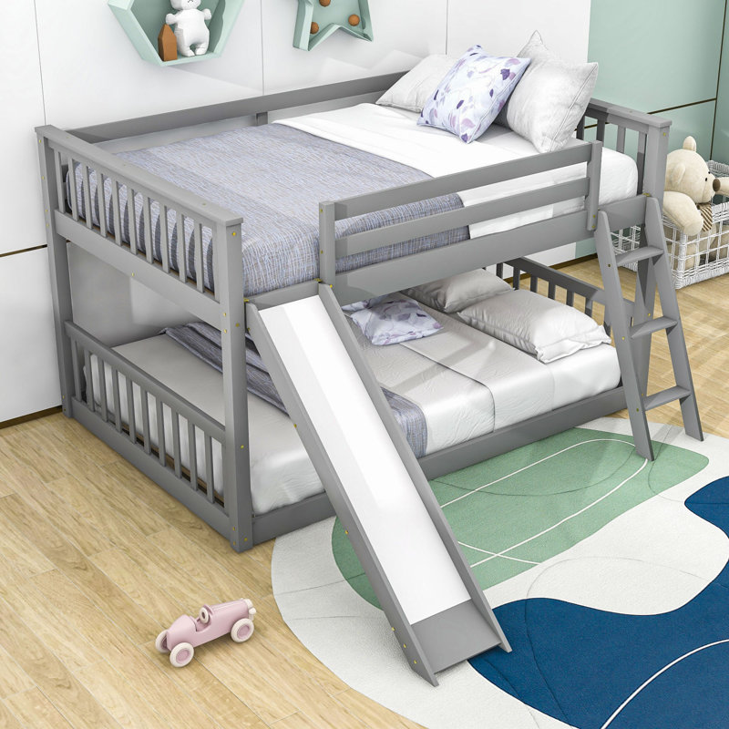 Erez Full Over Full Bunk Bed, Wood Bunk Bed with Slide, Gray