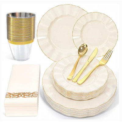 Ensemble de vaisselle jetable 175 en plastique pour 25 invités lors d'un anniversaire de mariage, blanc