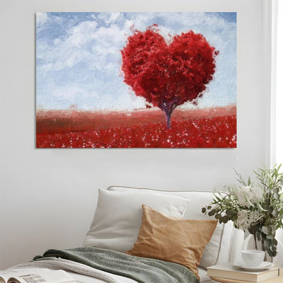 2D Flat, 1Pc Framed Canvas Wall Art, Heart-shaped Red Tree, Red Flower Sea, Impressionist Style Art Print Canvas Poster Painting Room Wall Decor, Ideal Gift For Bedroom Living Room Hallway Dorm, Ready To Hang