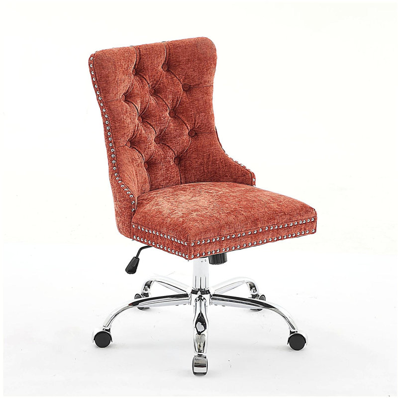 Modern Chenille Upholstered Tufted Button Home Office Chair, Adjustable Desk Chair Swivel Office Chair, Orange