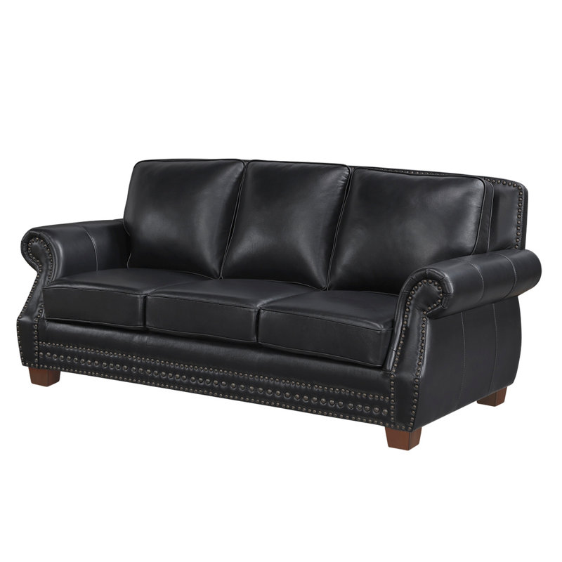 Ronny Sofa, Nailhead Trim, Brown Wood Feet, Black Genuine Leather, 86" W, Black Faux Leather