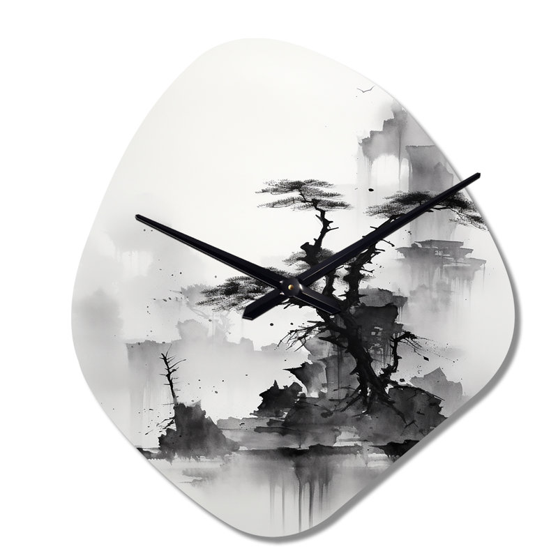 Art asiatique, paysage Sumi - horloge murale traditionnelle de forme irrégulière, horloge murale grise, Petit