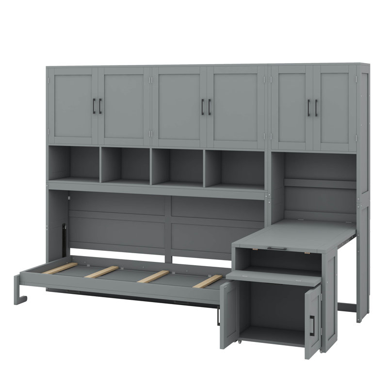 Lit escamotable simple mural avec placard, tiroirs et bureau