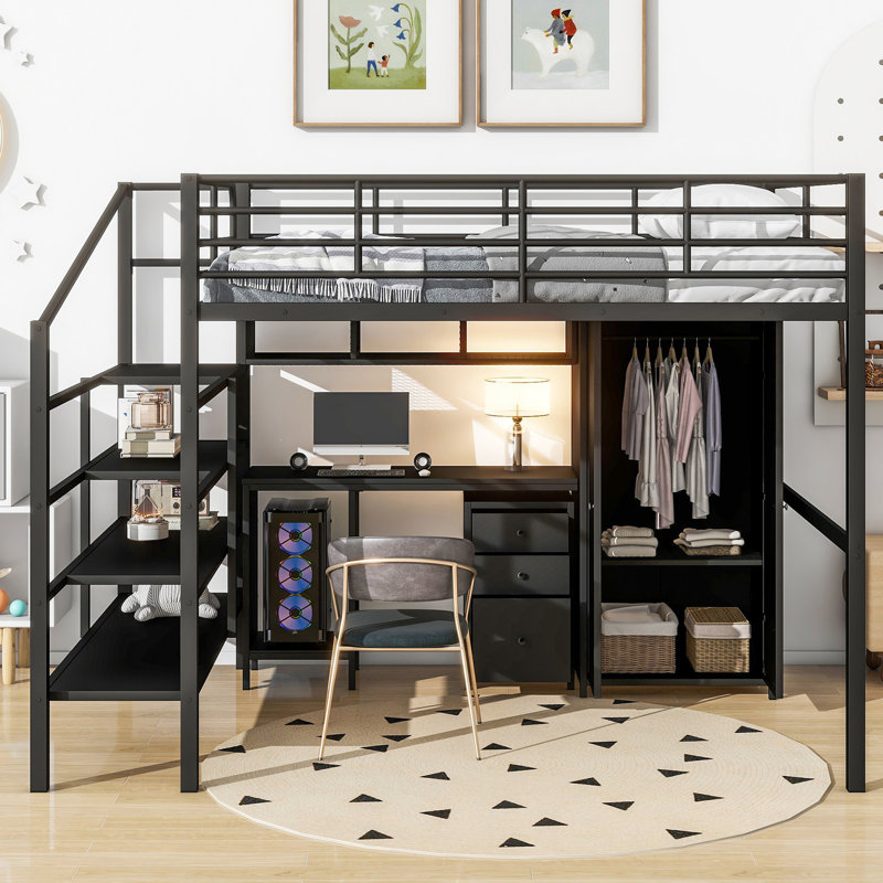 Lit mezzanine en métal avec table et garde-robe, double, design moderne noir, structure stable, capacité de rangement, assemblage de construction contemporaine complète, choix, processus