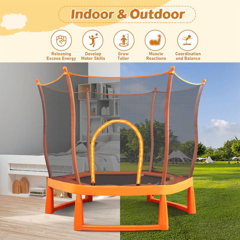 6FT Toddlers Trampoline With Safety Enclosure Net And Ocean Balls, Fully Protected Indoor Trampoline And Ball Pit Balls For Kids, Easy Assembly Lotus Shape For Spaciousness