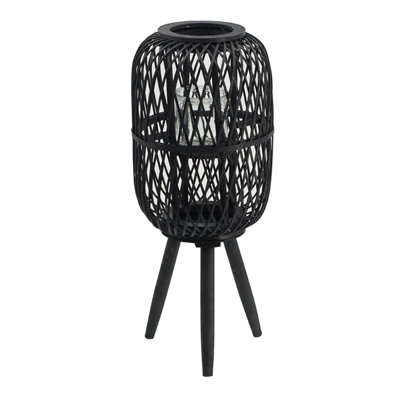 Lantern, Glass Insert With Black Bamboo Lattice Tripod Frame, 24 Inch