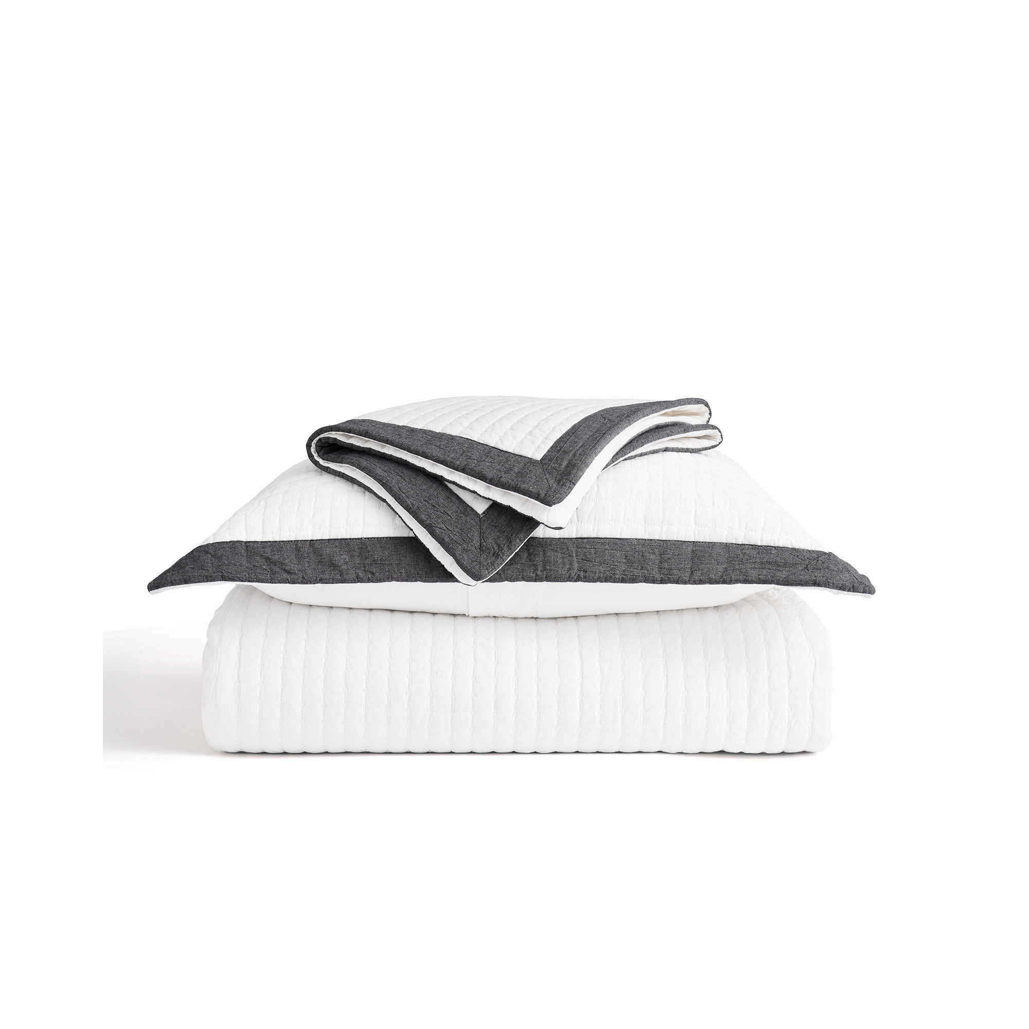 Border Frame Cotton Pick-Stitch Channel Quilt, Washed Black, King Quilt + 2 King Shams