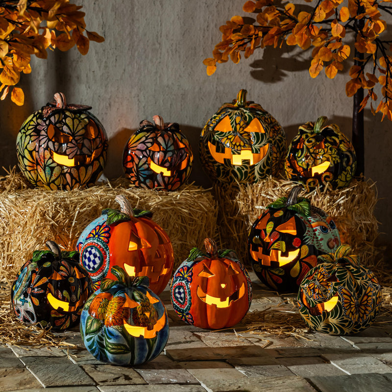 Checkered Flower Ceramic Pumpkin, Large