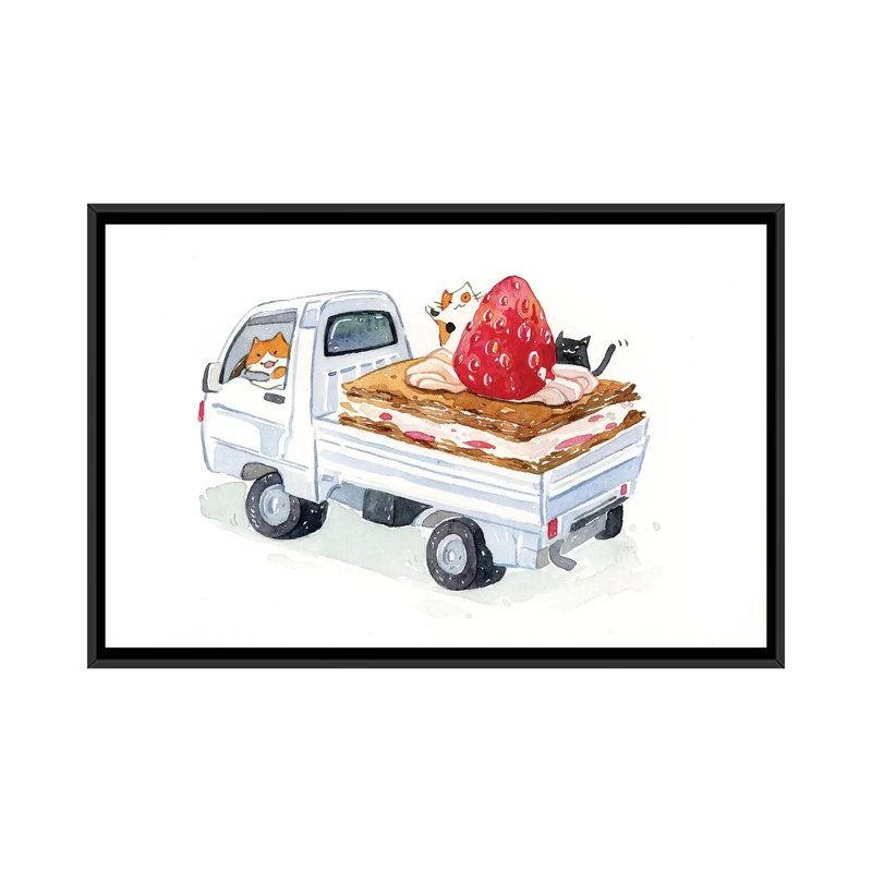 « kitty trucker », impression sur toile, H 18 po x l 26 po x P 1,5 po, Toile avec cadre noir, Pas de tapis