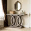Table d'appoint polyvalente en bois massif gris, profondeur de 140 cm, piètement géométrique imperméable. Table décorative pour entrée, design, placage, montage facile pour la décoration intérieure.