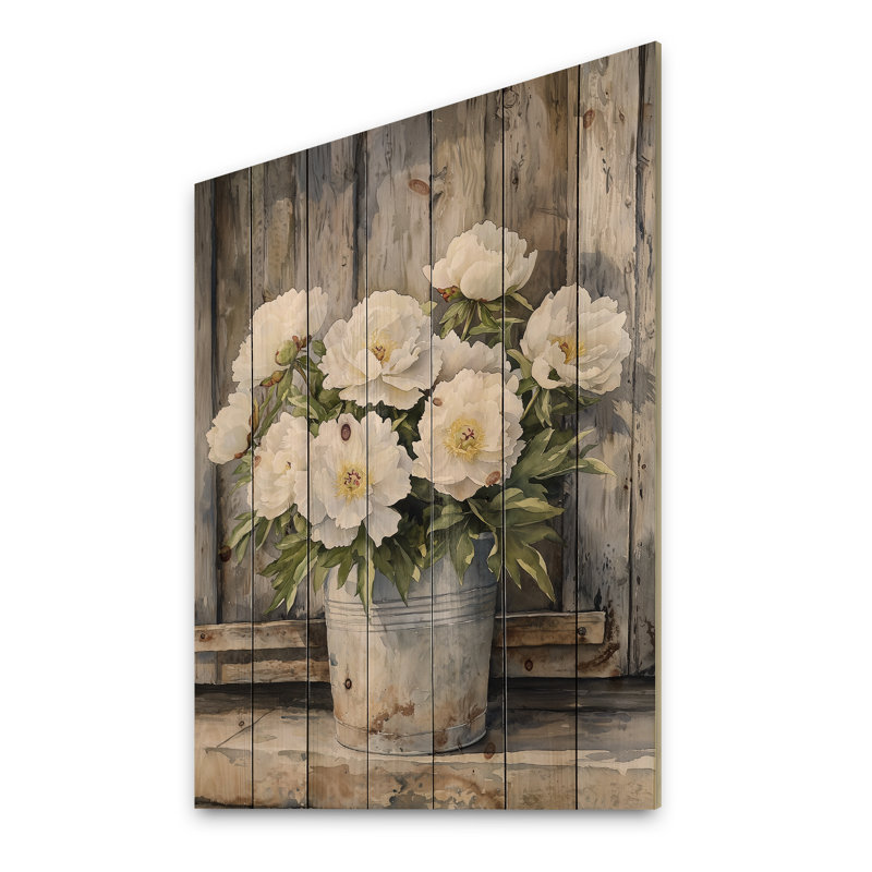 Pivoines en pot Barnyard Bloom - décoration murale en bois de pivoines - sur bois de pin naturel