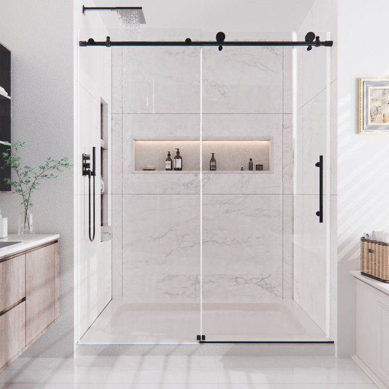 56" - 60" W x 74" H Frameless Sliding Shower Door with 1/4-in (6mm) Tempered Glass and Quiet Rollers, Black, 56"-60" W