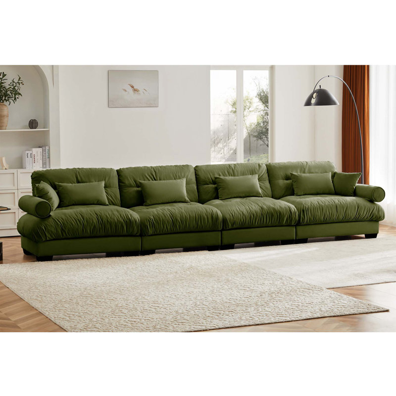 Frederick Velvet Upholstered 3-Seater Sectional Sofa with Pillows, 33.4" H x 130" W x 37" D, Olive Green Veivet