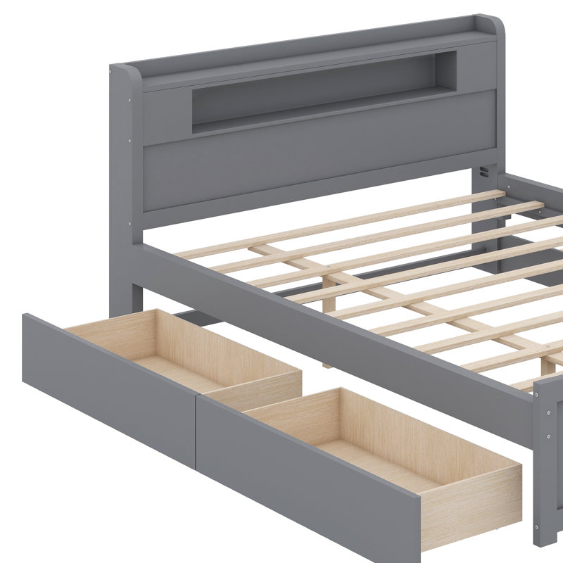 Grand lit plateforme en bois avec rangement à DEL, 2 tiroirs et 1 lit gigogne simple, Gris