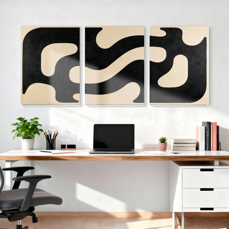Ensemble de 3 tableaux abstraits à motifs de vagues noires et beiges sur toile tendue, H 30 po x l 60 po