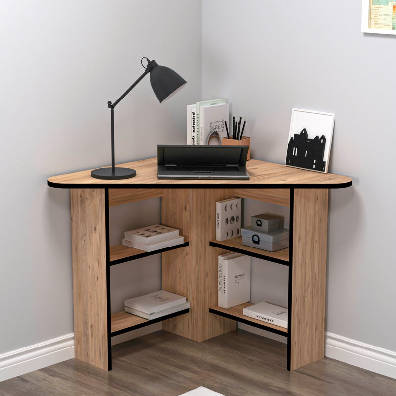 Corner Computer Desk with Shelves, Atlantic Pine/Black