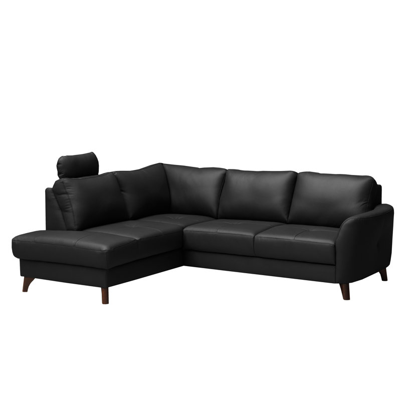 Migues Genuine Leather Corner Sofa with Sleeping Function and Storage, Black, Left Hand Facing
