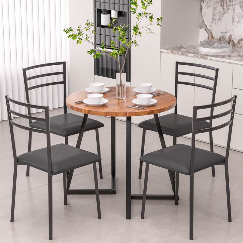 Modern Round Dining Table Set For 4 Dining Room Chair With Metal Legs, Brown, Black
