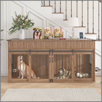 Caisse pour chien double 71 po avec 3 tiroirs cannelés et plateau de table en grain de bois noyer imperméable, grand meuble chenil pour chien avec prise de courant de type C et mangeoires rotatives pour chiens robustes (noyer)
