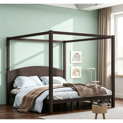 King Size Canopy Platform Bed With Headboard And Support Legs, Timeless Brown Wash Finish