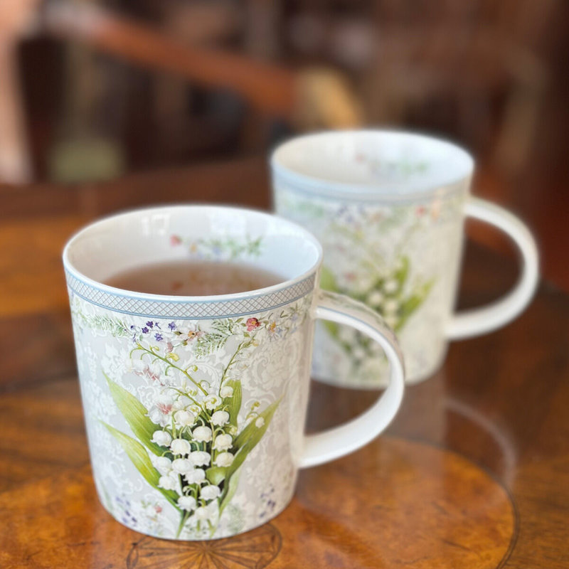 Lily of the Valley White Ceramic Floral Mug Set