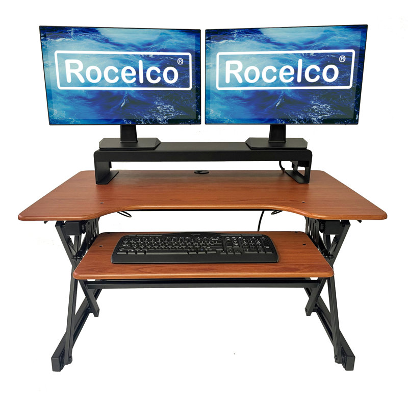  40 in. Beige Height Adjustable Standing Desk Converter with Dual Monitor Stand and Deep Keyboard Tray, Beige/Black