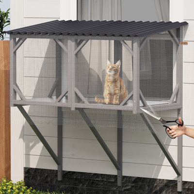 Cat Window Box - 43.3" Outdoor With Netting, Spruce Wood Frame, Spacious For Medium Sized Kittens, All Weather Use, Easy Installation Sliding Openings Insect Net, Small Cats, Comfort,