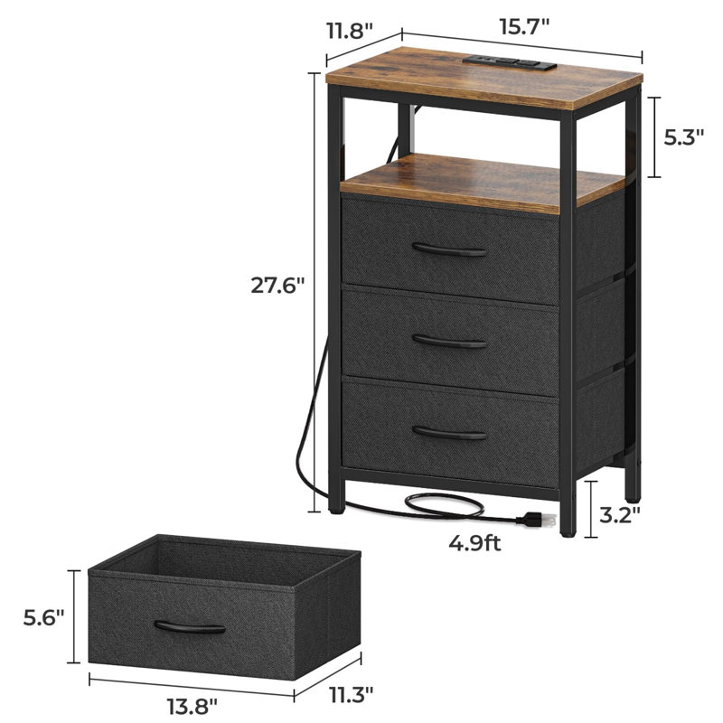 Table de chevet moderne avec station de charge, tiroirs en tissu et ports USB, noir anthracite, Brun / Noir