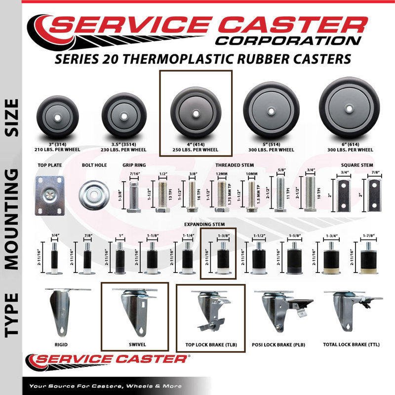 Thermoplastic Rubber Swivel Expanding Stem Caster Set with Brake SCC TLB 4" x 1-3/8"