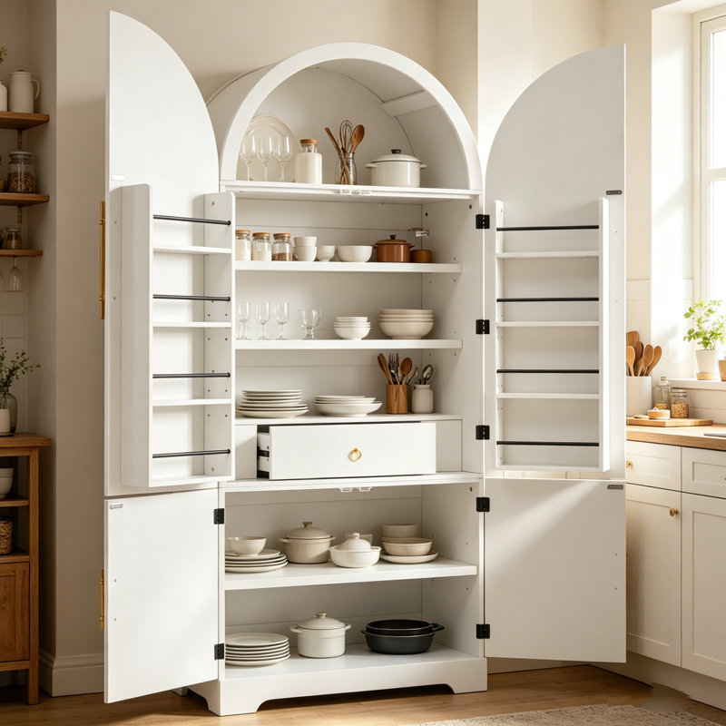 Grand garde-manger arqué 72 po avec portes cannelées et tiroir caché 72 po, Blanc