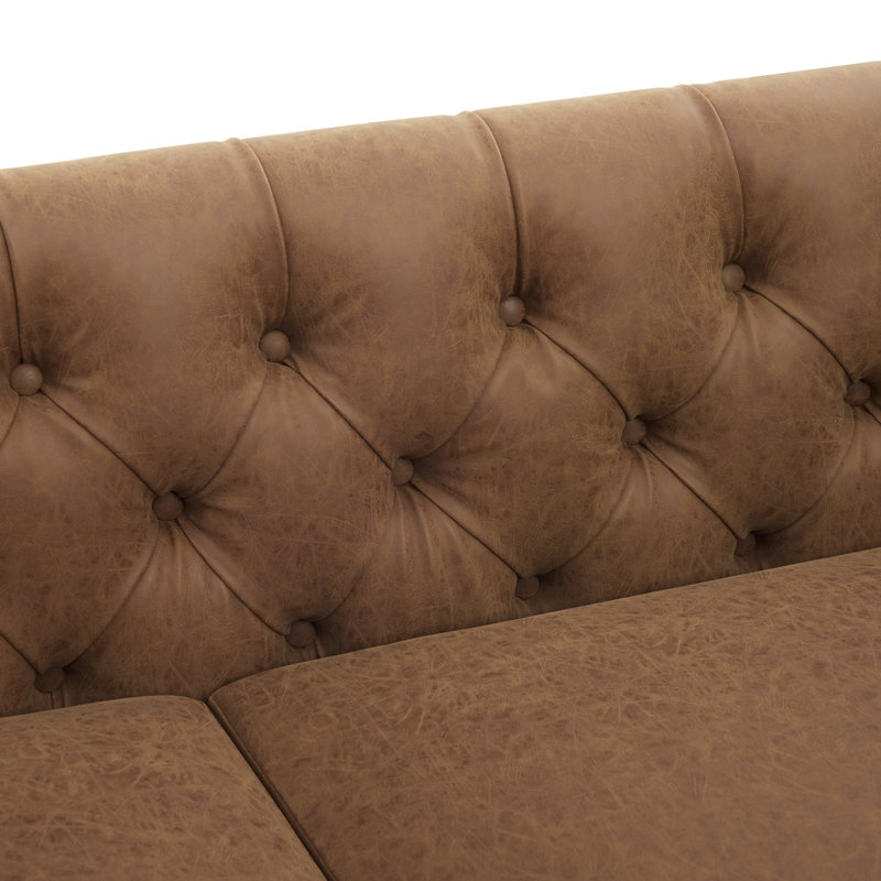Ivarn 73.5" Wide Traditional PU Upholstered Chesterfield Sofa with Diamond-Tufted Back, Flared Arms & Rubberwood Legs, Brown