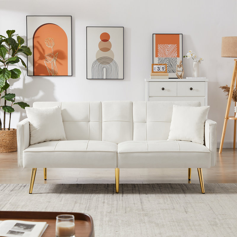 Tayabah 69.2'' Velvet Convertible Sofa, Cream White Velvet