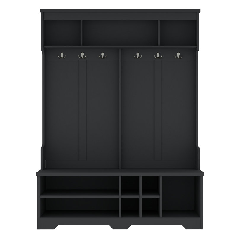 Modern Hallway Hall Tree with Metal Hooks and Storage Space, Black