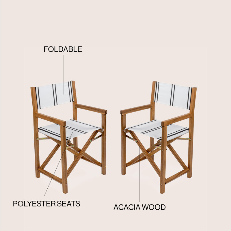 Cukor Coastal Acacia Wood Folding Outdoor Director Chairs, Black/White Stripe Polyester Fabric Seat & Teak Brown Frame for Patio, Deck & Balcony