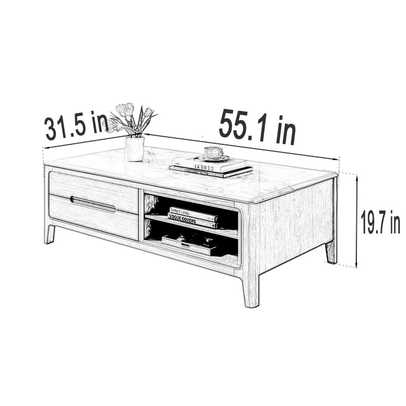 Table basse en bois Ultra Crystal Stone, H 19,7 po x L 55,1 po x P 31,5, Blanc, Noir