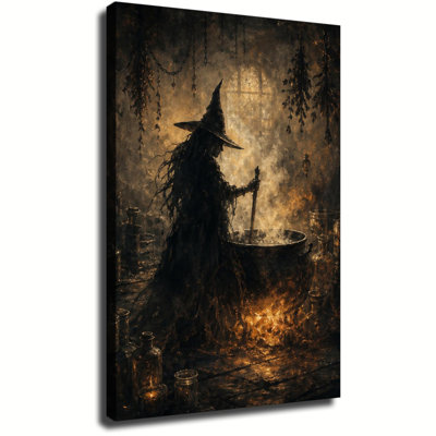Sorcière remuant un chaudron magique dans un chalet rustique foncé, peinture à l'huile sur toile, art mural pour Halloween Home Decor