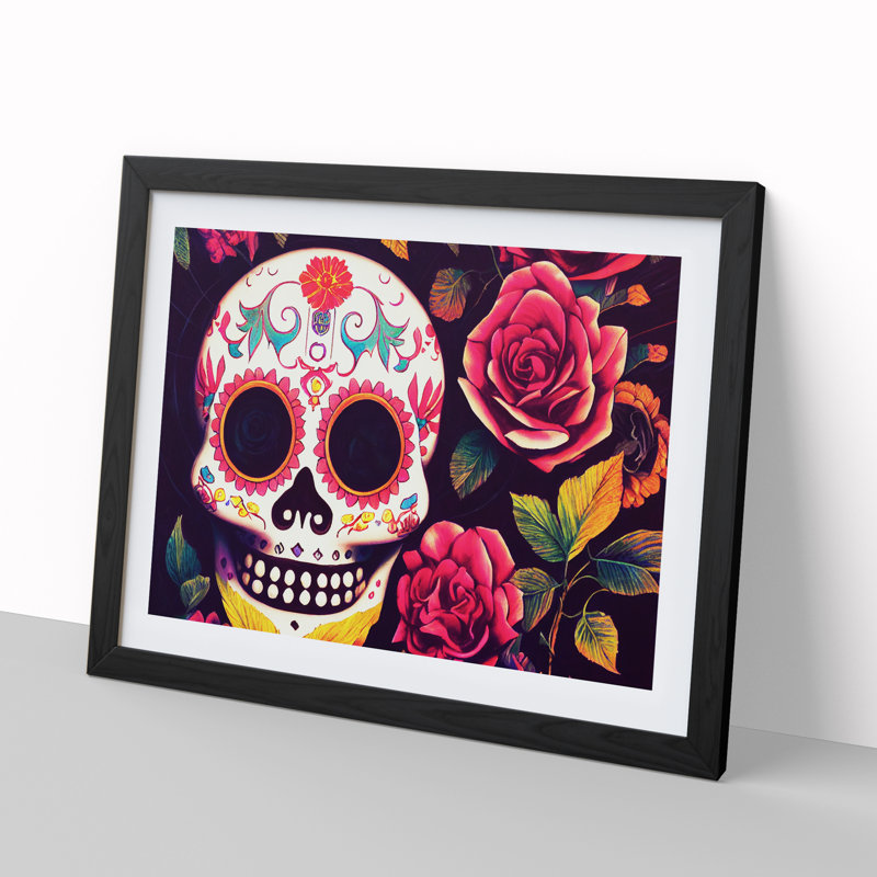 XH1022-8992X The Serene Floral Sugar Skull - Single Picture Frame Print, 46cm H x 64cm W x 2cm D, Black Framed