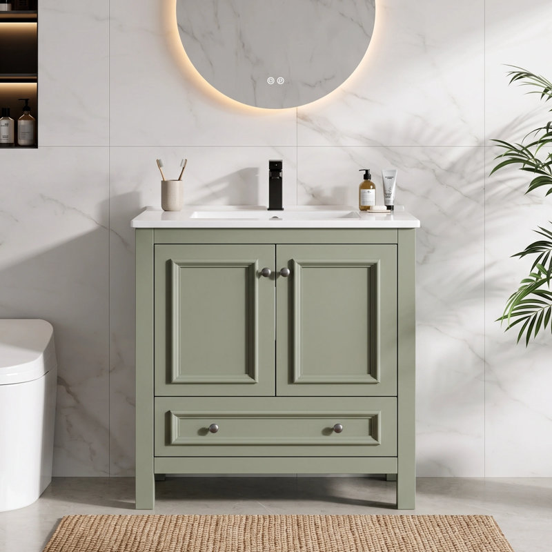 Meuble-lavabo autoportant de 30 po avec lavabo en céramique, Vert
