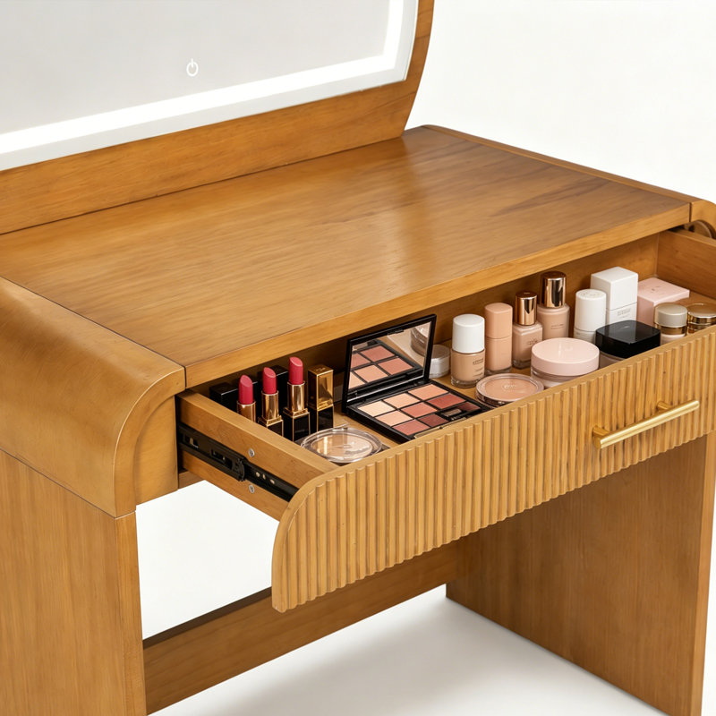  Modern MDF and Rubber Wood Makeup Vanity Table with Touch Screen Lighted Mirror and Convertible Desk Function, Tan