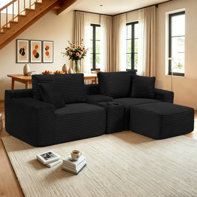 Alhertine Black Modular Corduroy Sofa Couch, Small Sleeper Sofas, Ottoman Storage