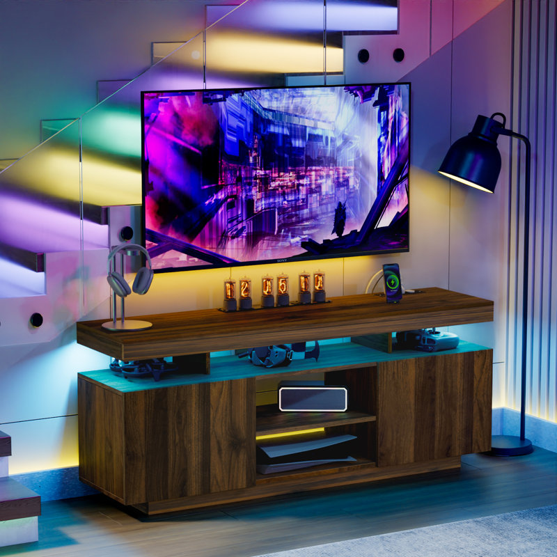 Modern 47.2/55.1 in Media Console with Outlet and RGB LED Light, TV Stand for TVs up to 65/55 inch, Brown, 55.1'' W