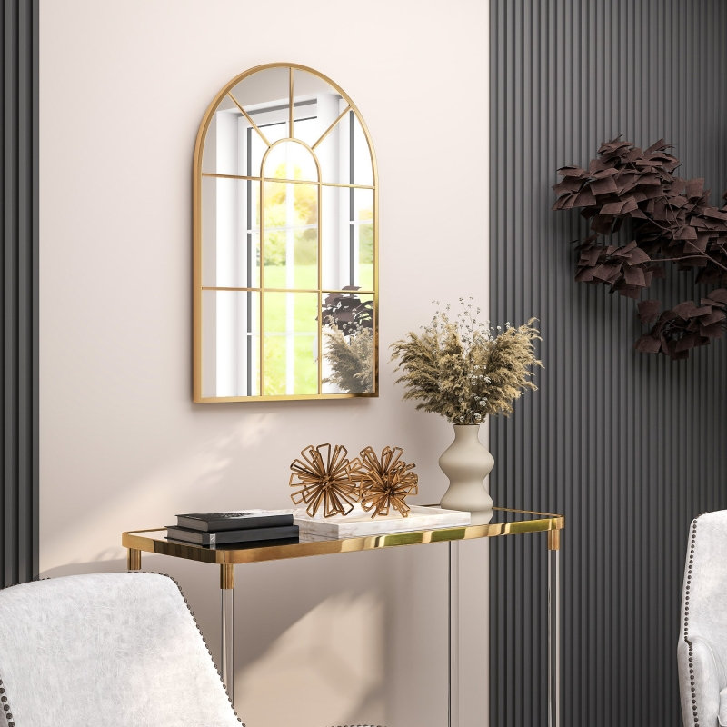 91cm x 60cm Black Arched Wall Mirror with Grid Panels, Industrial Window Pane Mirror for Living Room Entryway, Modern Farmhouse Decorative Mirror