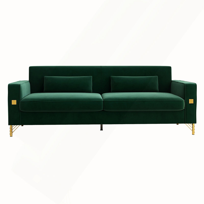 Luxury Emerald Green Velvet Sofa With Gold Accents-Modern 3-Seat Couch With Plush Cushions