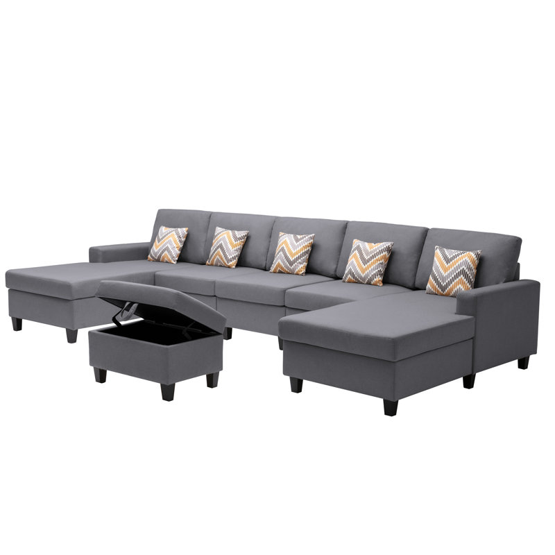 Upholstered U-Shaped Sectional Symmetrical, Gray Linen