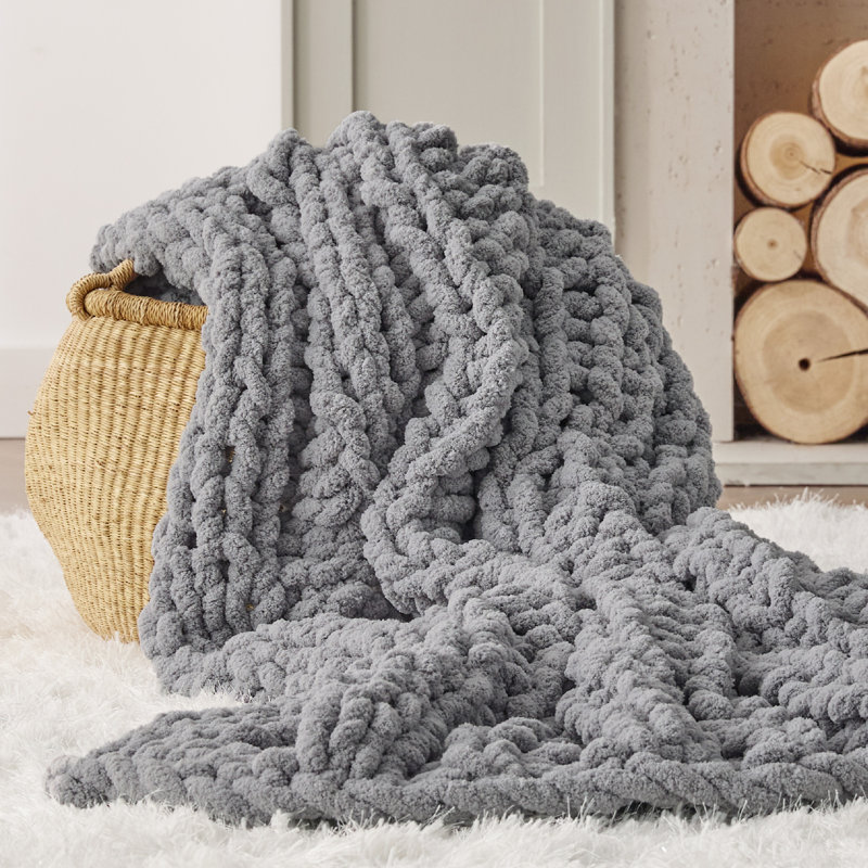 Hand-Knit Chenille Chunky Throw Blanket, Gray
