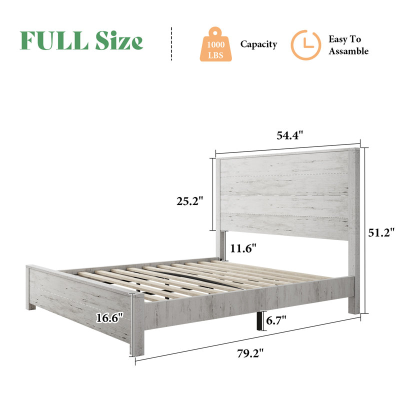 51.2" Solid Wood Bed Frame, Rustic Platform Bed With Spliced Headboard, Antique White, Full