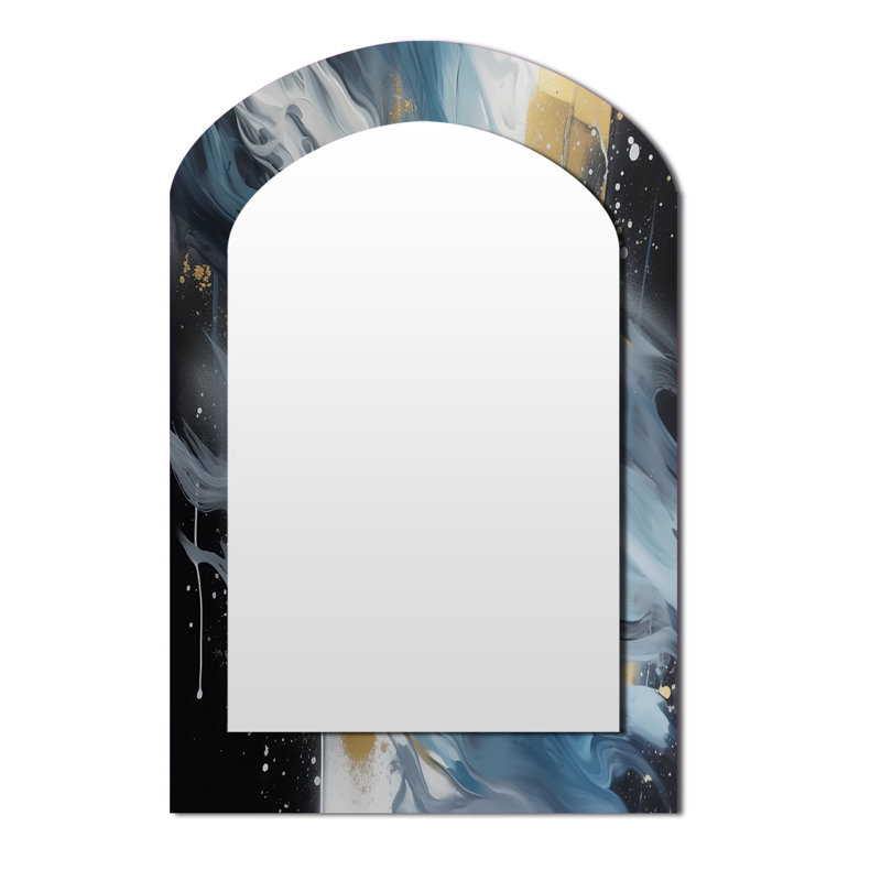 Blue And White Transcendent Brushstrokes II - Abstract Painting Asymmetrical Decorative Mirror, Blue Arch Wall Mirror, Printed Metal Art